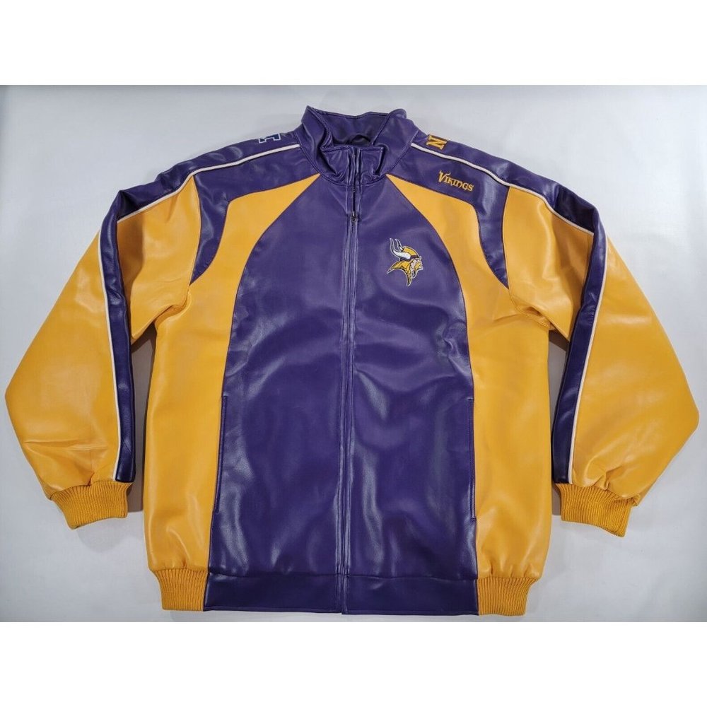 Minnesota Vikings Faux Leather Varsity Jacket Coat Official 2008 NFL Sz L EUC